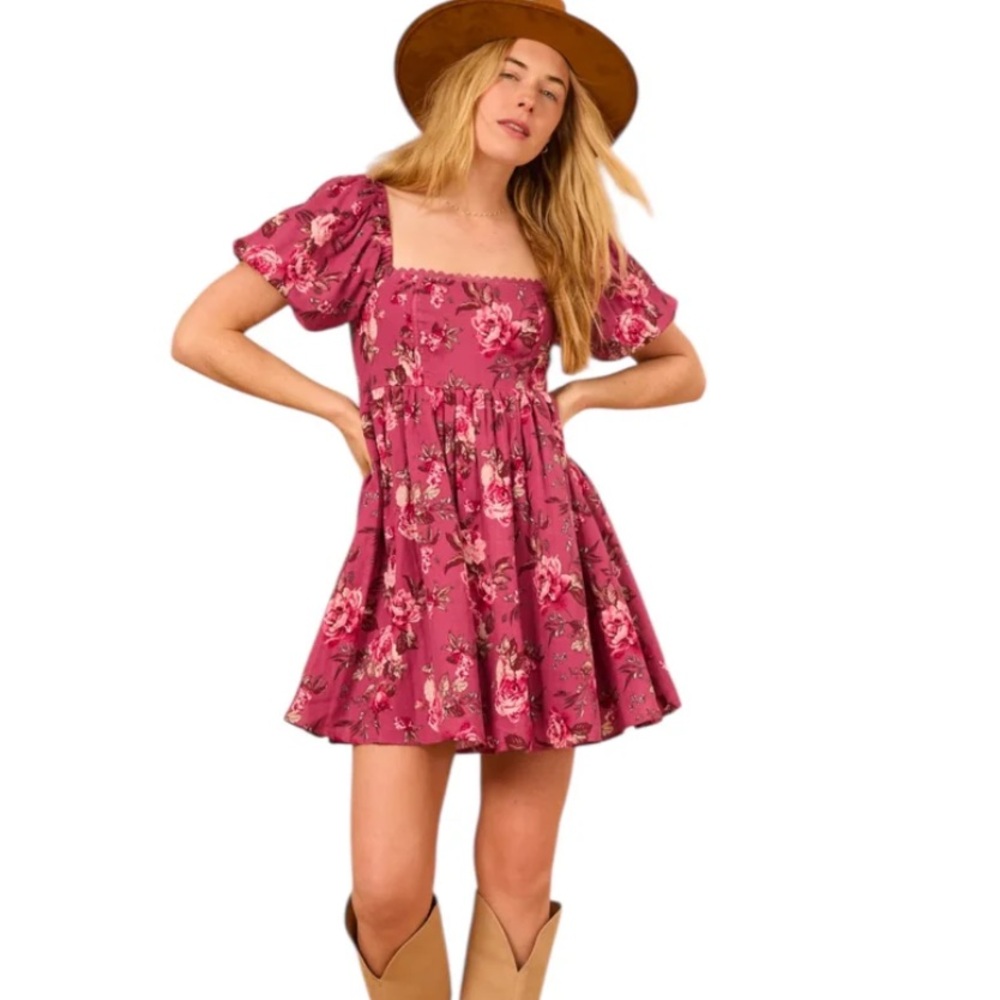 Altar'd State Pink Floral Skater Mini Dress with Puffy Sleeves